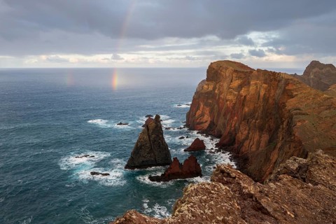 Sunset, rainbow at sea, volcanic peninsula, Ponta de São Lourenço, Ponta de Sao Lourenco, rocky