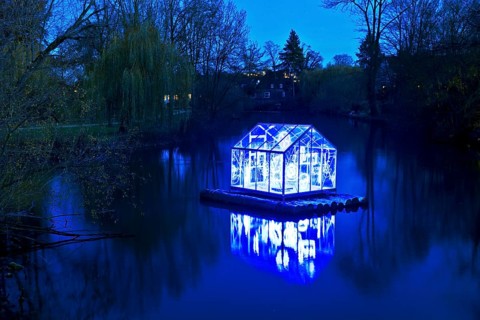 The river Lippe with the artwork Arche by Christoph Hildebrand at night, Lichtpromenade Lippstadt,