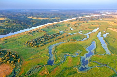 Aerial view over the Oder river in the German-Polish nature reserve Lower Oder Valley International