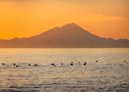 View of Cook Inlet on white mountain peaks of Mount Redoubt at sunset, picturesque golden light of