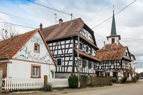 Village made entirely of half-timbered houses, Seebach, Alsace, Bas-Rhin department, France