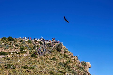 Viewpoint on a green rock with people watching the sky while birds fly, tourists at Crux de Condor