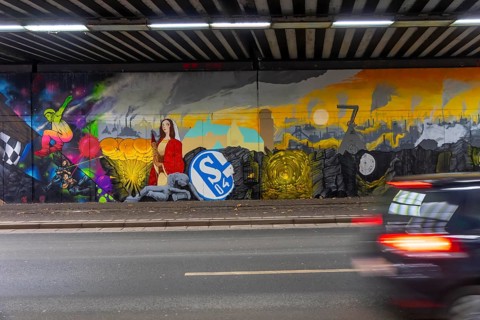 Huge street art pictures in a road tunnel in Gelsenkirchen, the approximately 120 meter long