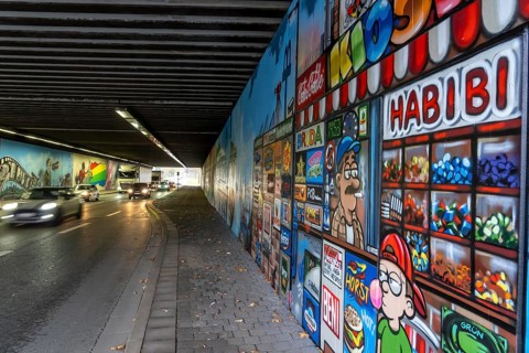 Huge street art pictures in a road tunnel in Gelsenkirchen, the approximately 120 meter long