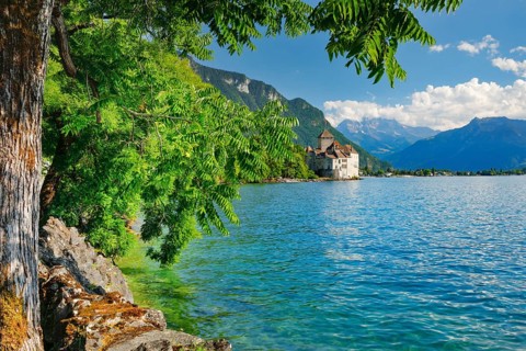 Chillon Castle on Geneva near Veytaux, Canton of Vaud, . switzerland