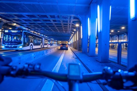Cycling in the city, in the dark, in the evening, cycling underpass at the main train station, in
