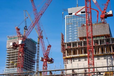 Construction site of the Covivio skyscraper in front, in the vicinity of Alexanderplatz in Berlin,