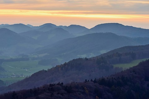 View of the Jura foothills from the Gisliflue, in the light of dusk, Talheim, Canton, Aargau,