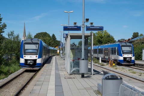 Two local trains on the platform, Bayerische Regiobahn, BRB, Schliersee station, Upper Bavaria,