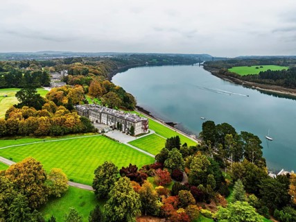 Autumn over Plas Newydd House from a drone, Gardens and Parkland, Llanfairpwllgwyngyll, Anglesey,