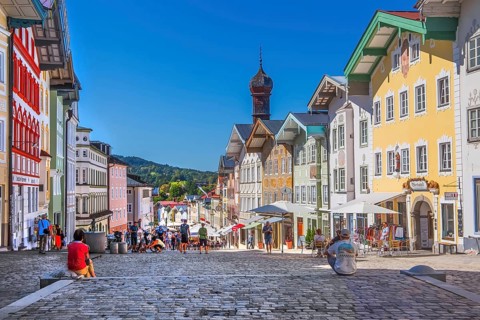 Historic market street with typical gabled houses, Bad Tölz. Isartal, Upper Bavaria, Bavaria,