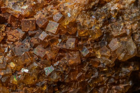 Bright, square crystals are visible on a piece of rock. The light underlines their structure and