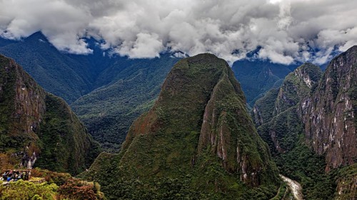 Impressive mountain landscape under dramatic clouds, The Urubamba Valley near Machu Picchu in Peru