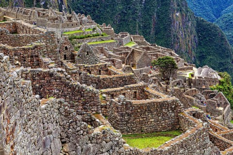 Complex arrangement of Machu Picchu stone terraces and structures, The ruins of the Inca city of
