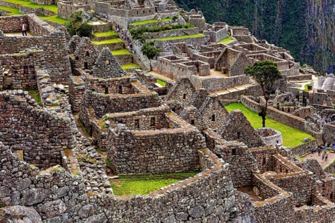 Detailed view of the terraced Machu Picchu stone ruins, The ruins of the Inca city of Machu Picchu