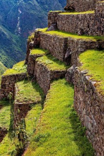 Close-up of the stone terraces of Machu Picchu stretching on the mountainside, The ruins of the