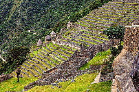 Angled view of terraced ruins in a dense natural landscape, The ruins of the Inca city of Machu