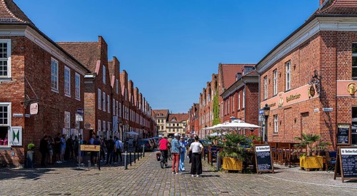 Catering, retail and typical, historic architecture in the Dutch Quarter in Potsdam, Brandenburg,
