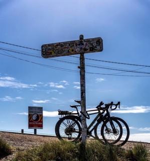 Sticker-covered sign with bicycles and surfboards, Nazaré, Portugal