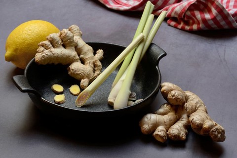 Ginger, ginger root and lemongrass in pot