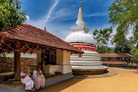 People pray in front of temples and white stupa under a blue sky, surrounded by trees, in a