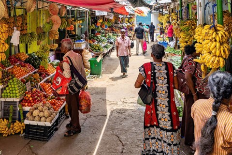 Market visitors and traders among colorful fruit and vegetables, traders in the market halls of
