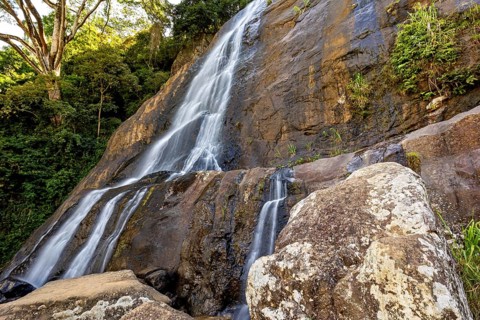 An impressive waterfall falls over a steep rock face surrounded by lush vegetation and rocks, tea