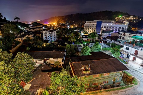 Nocturnal scene with illuminated buildings and tropical plants, conveys a lively and warm