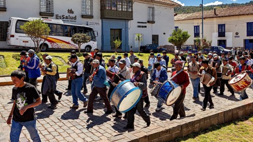 Music band with drums and other instruments marching on the street during a procession, traditional