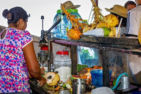 Woman at a market stall cuts coconuts surrounded by tropical fruits and everyday objects,
