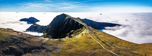 Snowdon Massif from a drone, Snowdon Range, Snowdonia, North Wales, UK