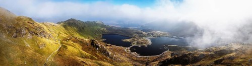 Pyg Track over Llyn Llydaw lake from a drone, Pen-y-Pass, mountain pass, Snowdonia, Gwynedd,