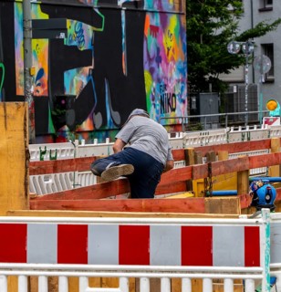 Barriers and signs with traffic signs at road construction sites in Berlin Mitte, Berlin, Germany