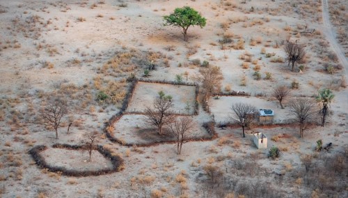 Settlement, simple house and fence, dry savanna landscape, near Maun, aerial view, Okavango Delta,