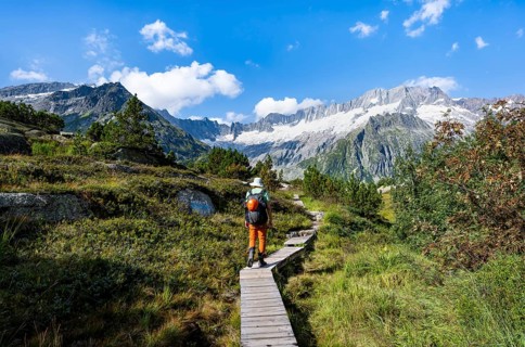 Mountaineers on wooden plank trail through mountain moor, in front of picturesque mountain scenery,