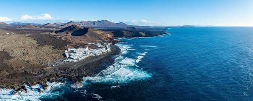 Coastal village fishing village El Golfo, volcanic landscape, coastal landscape, aerial view,