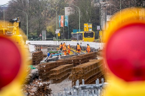 Large-scale construction site in the city center of Essen, Herkulesstraße, the construction of new