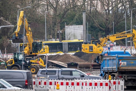 Large construction site in the city center of Essen, the large intersection of Hollesstraße and