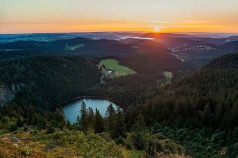 View from Feldberg to Feldsee looking east, sunrise, Black Forest, Southern Black Forest,