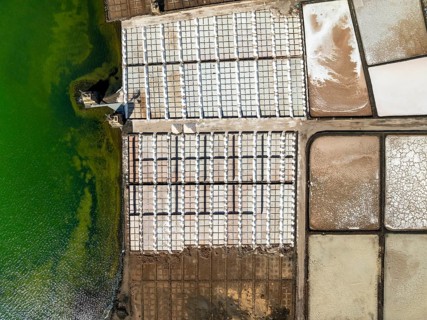 Salt mining plant, Salinas de Janubio, top-down, near Yaiza, drone shot, Lanzarote, Canary Islands,