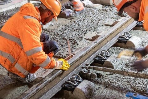 Deutsche Bahn AG track construction at Stuttgart Airport. The last few meters of solid road in the