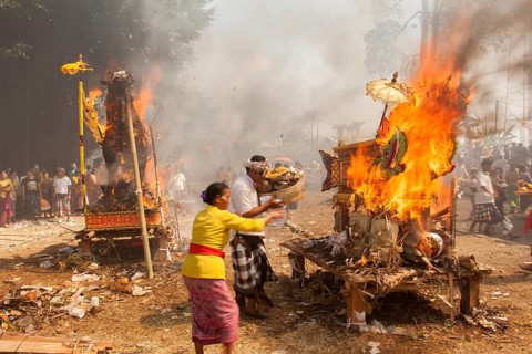 The coffins are incinerated during a corpse cremation (Ngaben) Gianyar, Bali, Indonesia