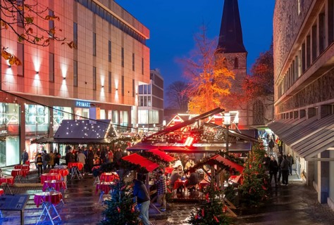 Christmas market in Essen, gastronomy, fire forest, at Essen Cathedral, Kettwiger Straße shopping