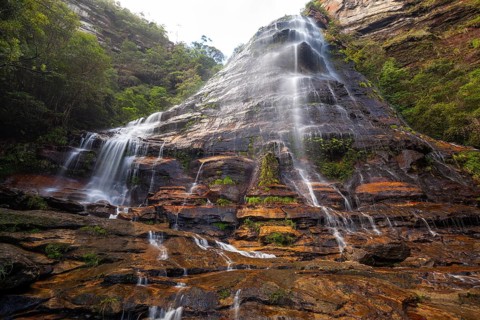 Leura Falls in a lush valley full of ferns and vegetation, Blue Mountains, New South Wales,