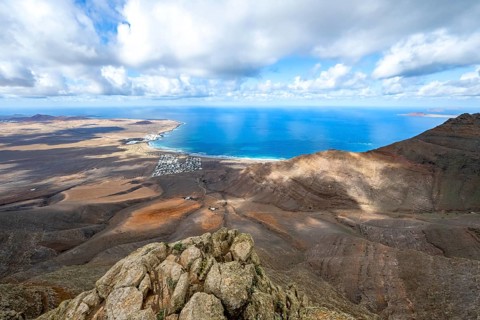 View from the Risco de Famara cliffs to the coast and the sea with the Famara beach, Playa de