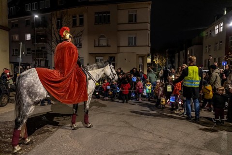 Martinszug in Essen-Rüttenscheid, the parish of St. Lambertus, Saint Martin actor on a horse, with