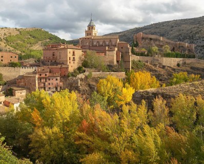 Historic buildings on hillside medieval village of Albarracin, Teruel province, Aragon, Spain