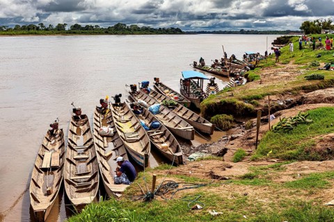 Wooden boats in a row on the banks of a river with people, longboat on a river near Rurrenabaque in