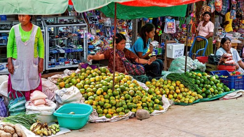 Women sell fruit at a colorful market stall full of fresh goods, The Rurrenabaque market in the