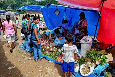Market scene with people shopping at vegetable stands under colorful tents, The market of